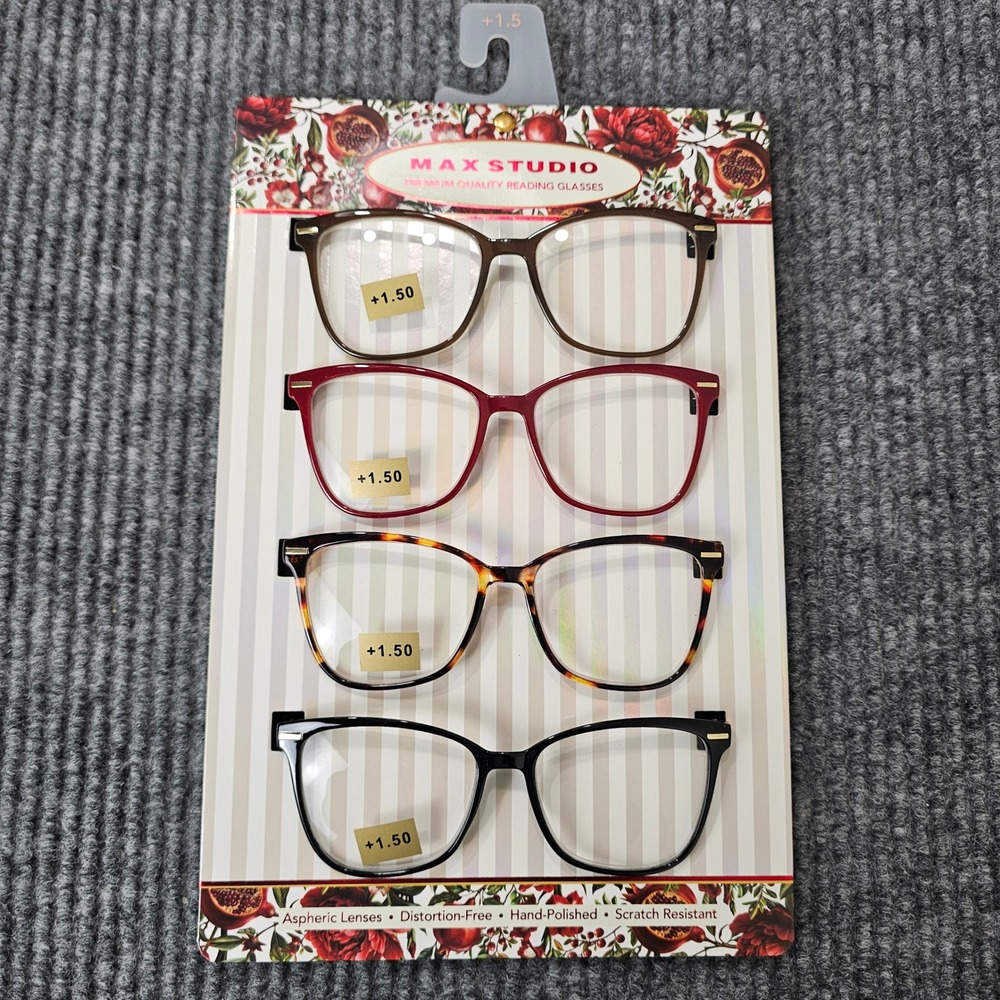 Max Studio Reading Glasses Women +1.50 Multi Square Premium Quality 4-Pack